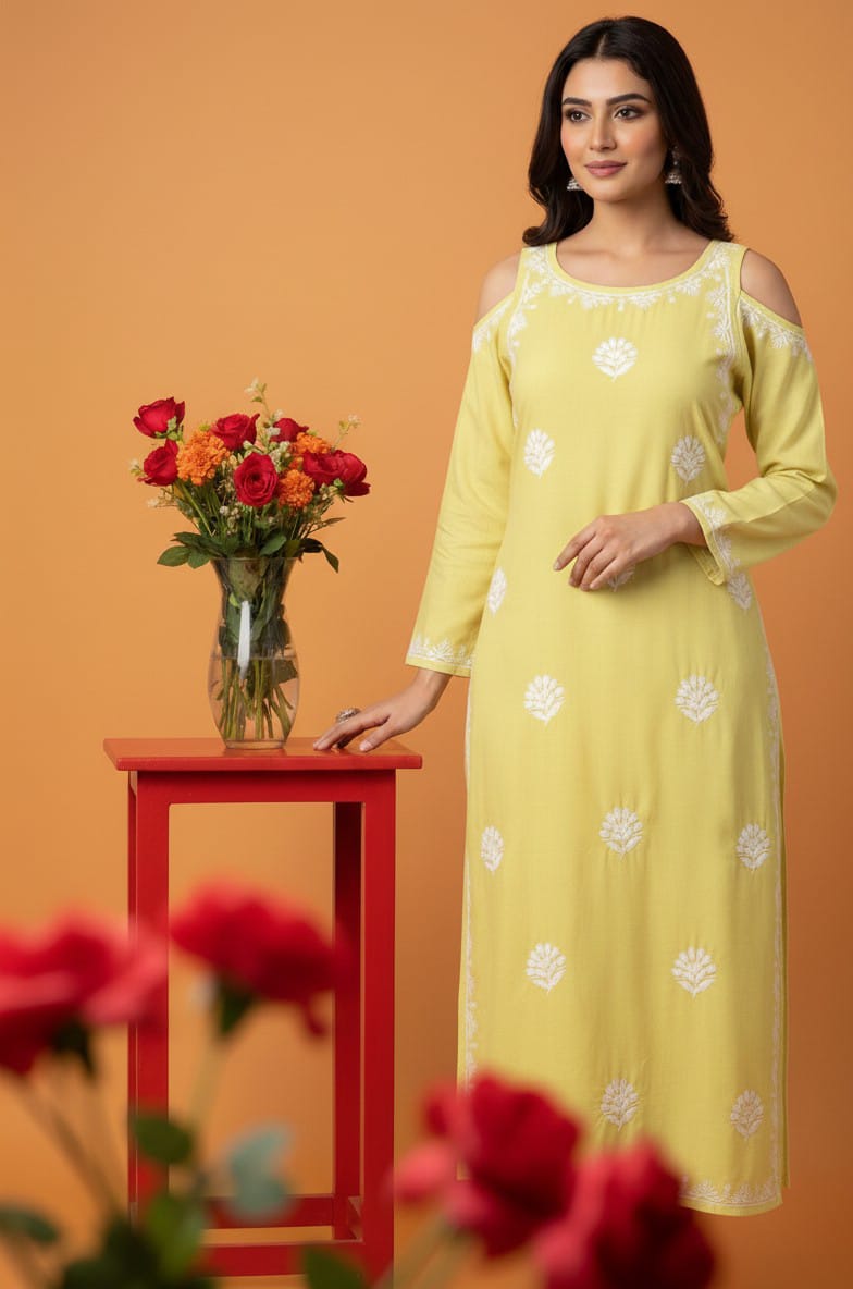 Stylish Shoulder Rayon Long Kurti With Delicate Chikankari