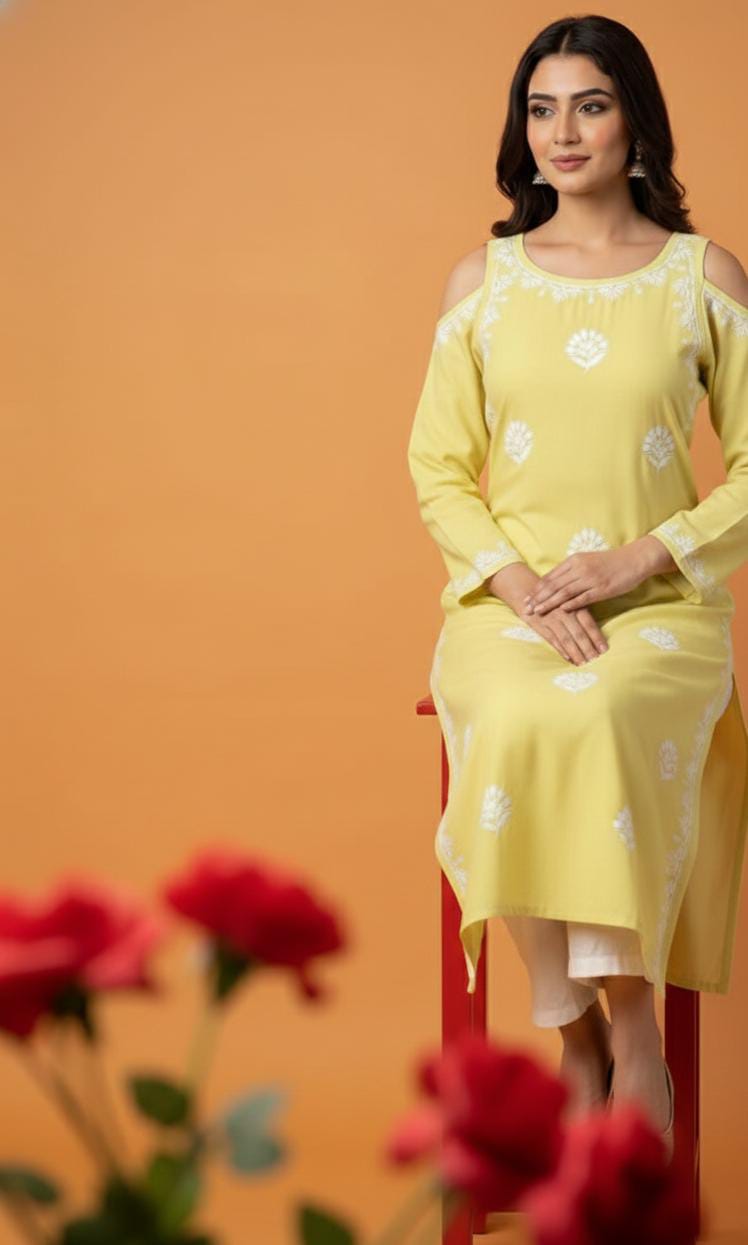 Stylish Shoulder Rayon Long Kurti With Delicate Chikankari