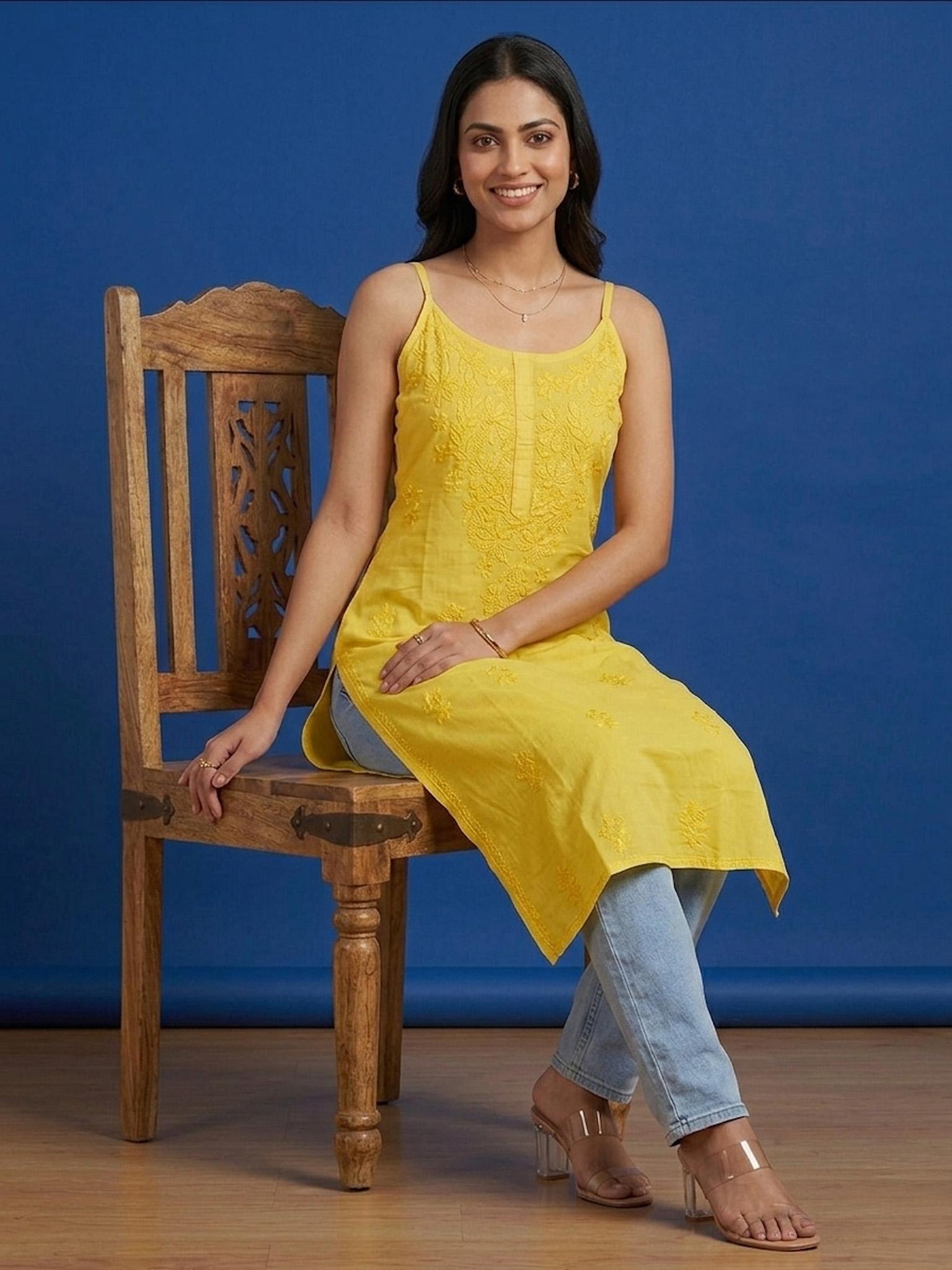 Trendy Noodle Strap Mul Mul Cotton Chikankari Kurti