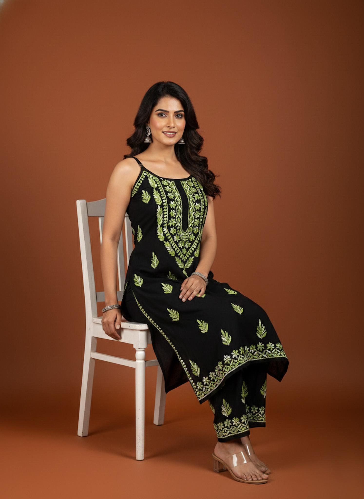Elegant Noodle Strap Long Chikankari Set
