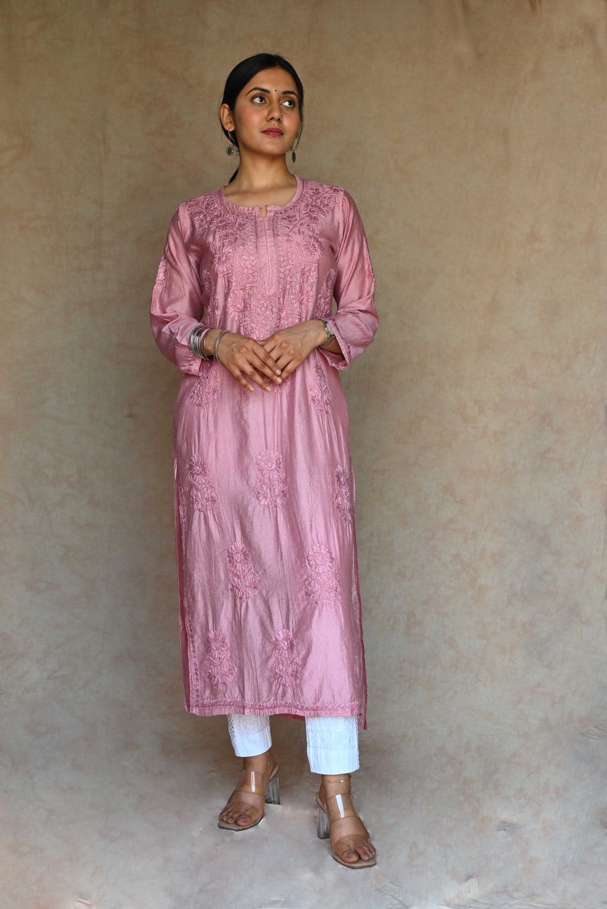 Boota Lucknowi Chikankari Chanderi Long Kurti