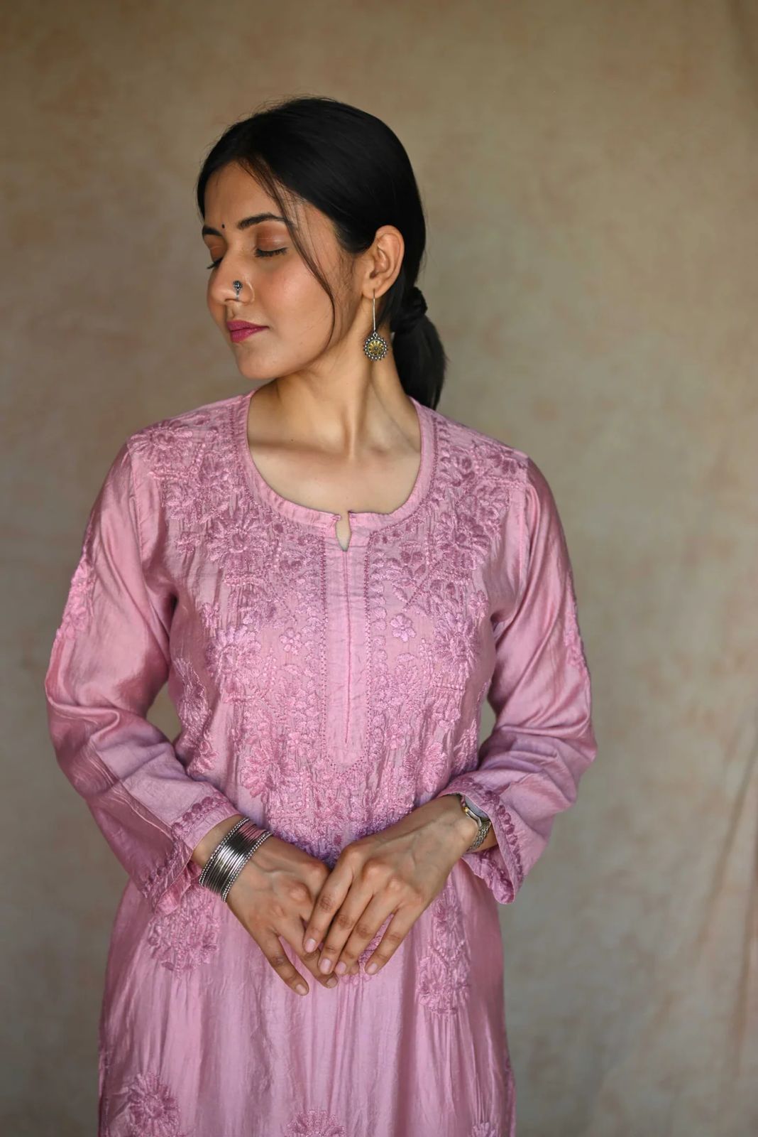 Boota Lucknowi Chikankari Chanderi Long Kurti
