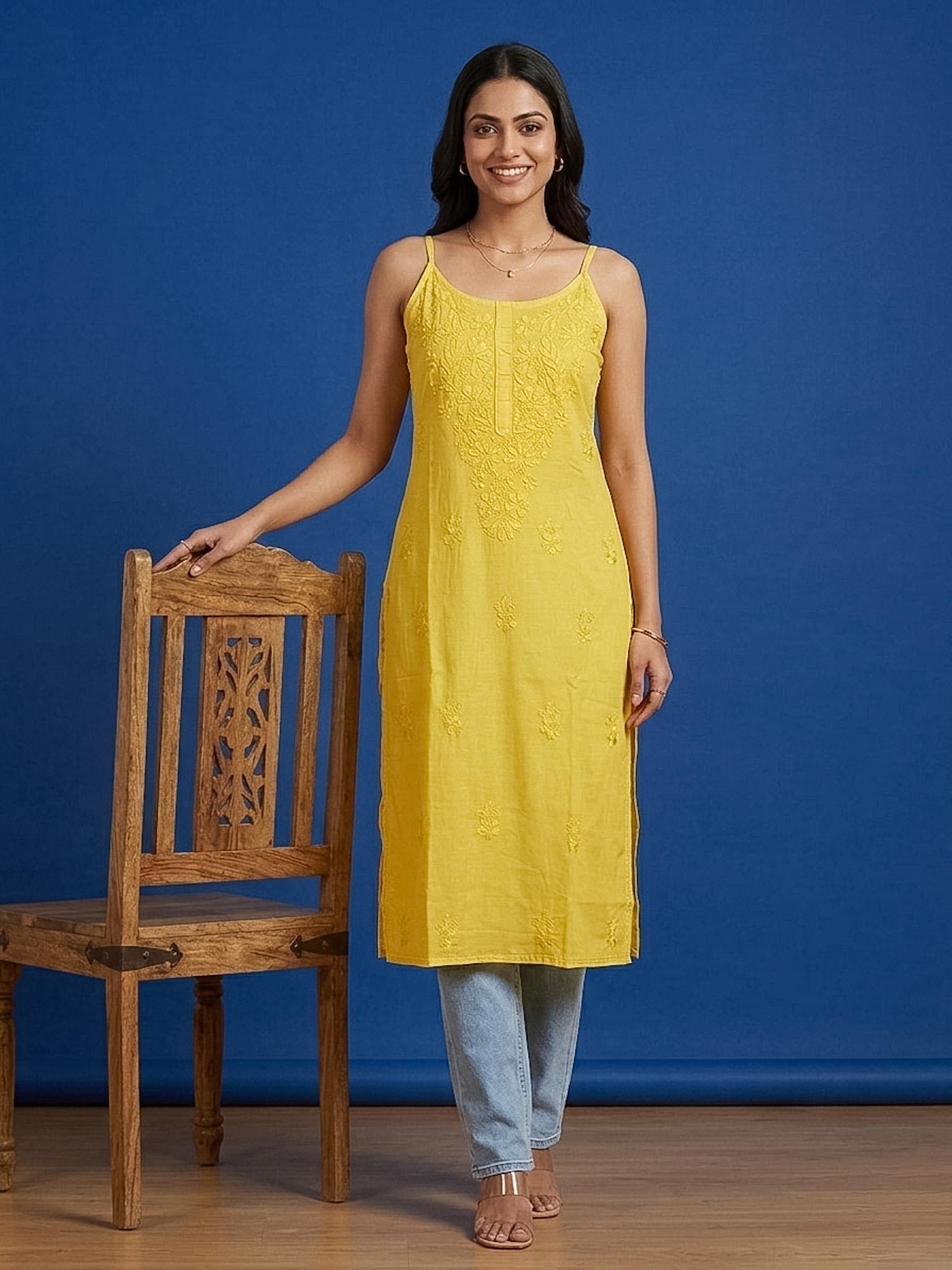 Trendy Noodle Strap Mul Mul Cotton Chikankari Kurti